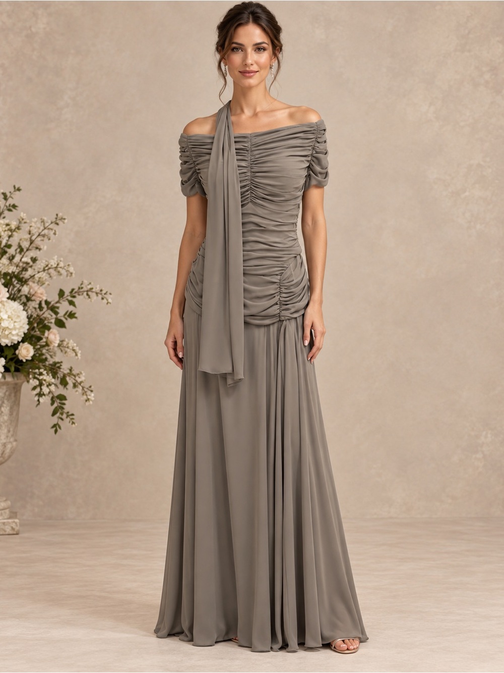 Grey Ruched One-Shoulder Evening Gown in Taupe